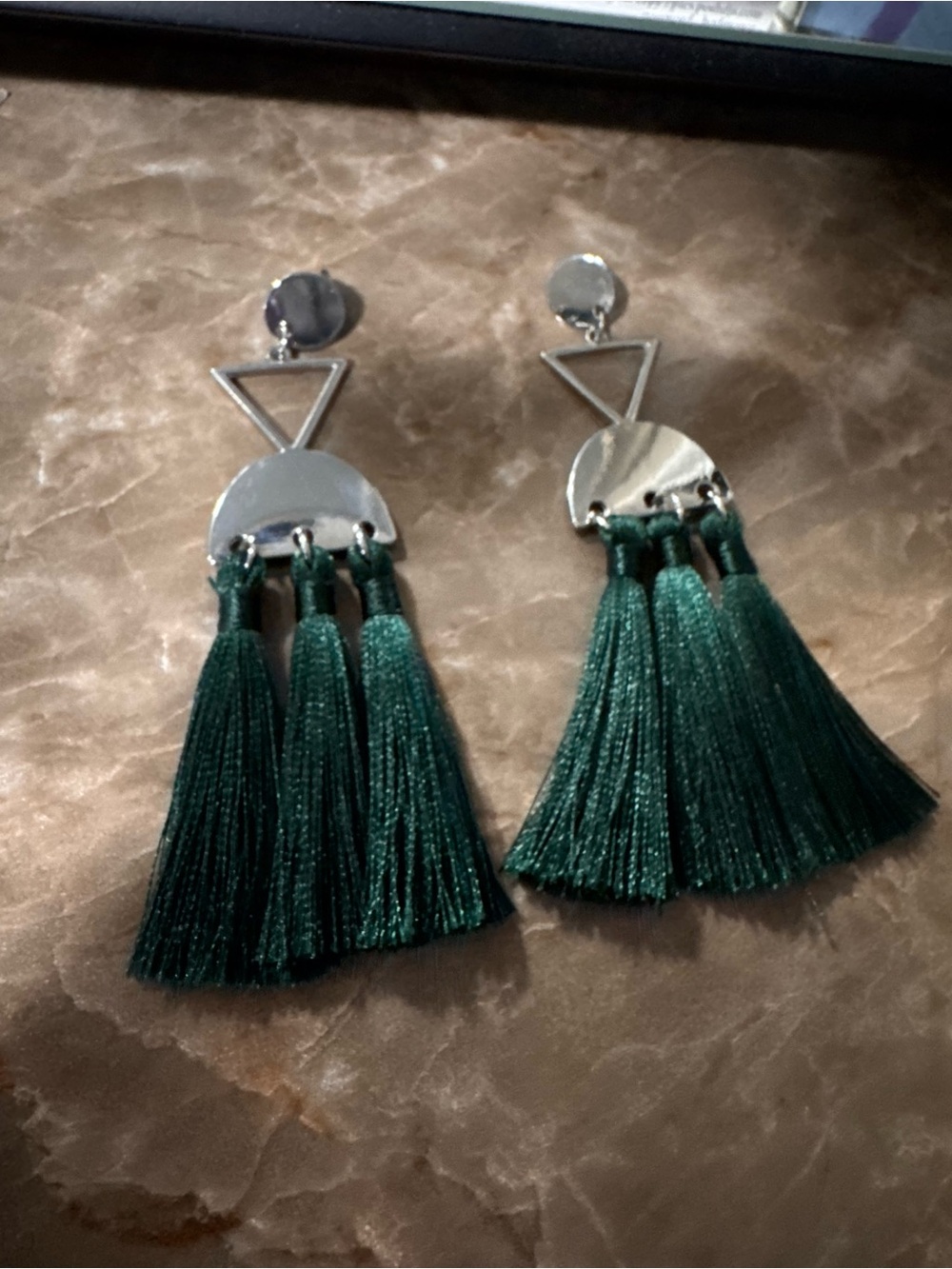 Silver & Emerald Green Tassel Drop Earrings - Women Jewelry - Picture 3 of 4